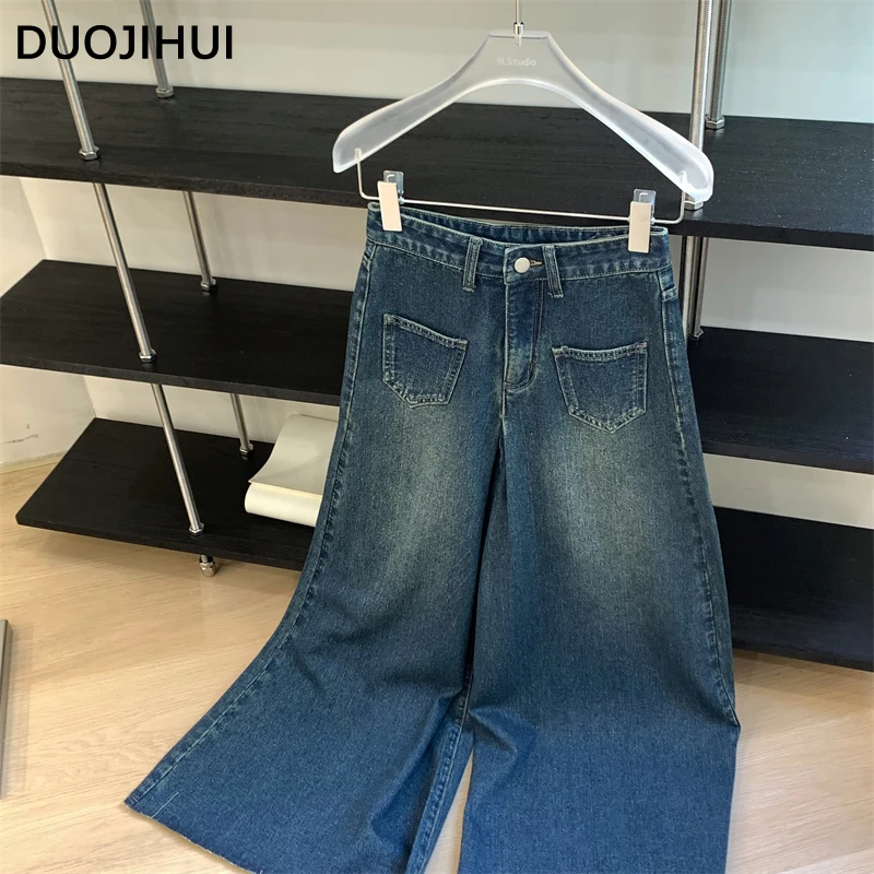 Duojihui blau Vintage Basic hohe Taille schlanke Frauen weites Bein Hose Herbst neue lose einfarbige Mode Knopf einfache weibliche Jeans