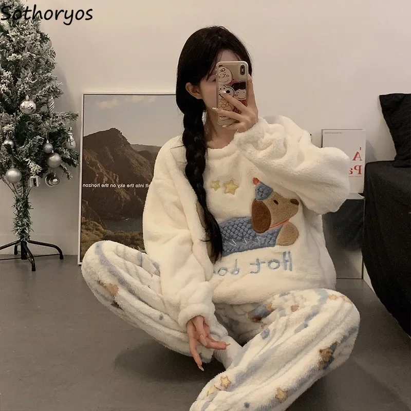 Pajama Sets Women Anti-static Cartoon Flannel Pajamas Thickened Sleepwear Autumn Winter Female Homewear Trendy Harajuku Cozy