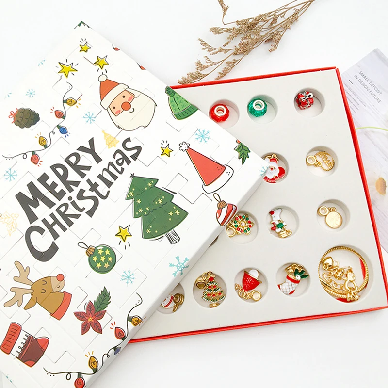 24 pçs colar pingente contagem regressiva de natal advento calendário caixa conjunto natal temático diy pulseira natal surpresa caixa de presente