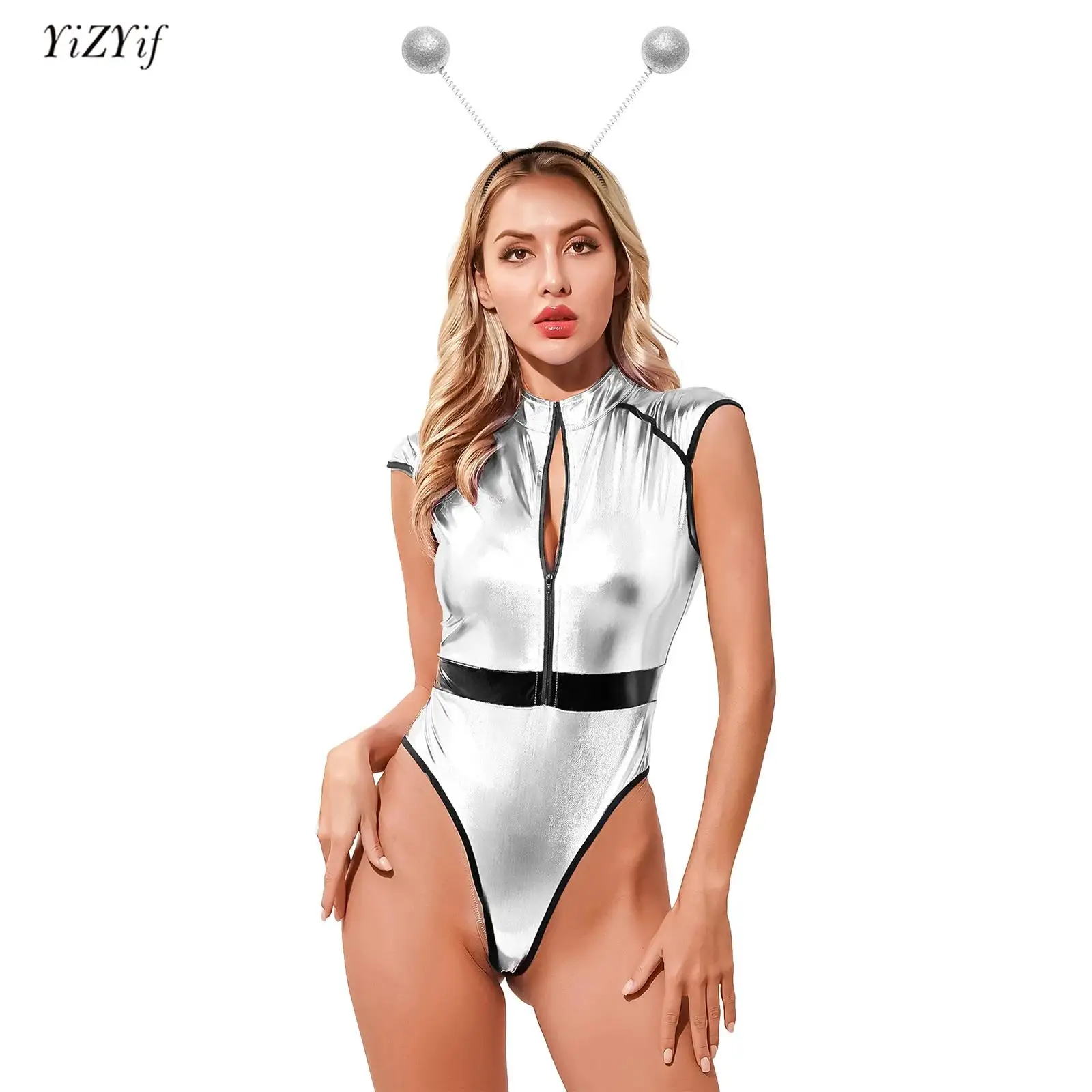 

Halloween Alien Role Play Bodysuit for Womens Silver Patent Leather Cap Sleeve Zipper High Cut Catsuit with Hair Hoop Outfits