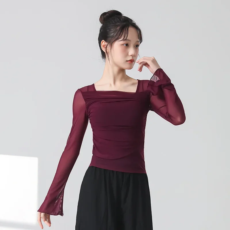 Women Classical Dance Costume Long-sleeve Yarn Top Adult Chinese Modern Hanfu Dance Training Clothes Female Dancewear