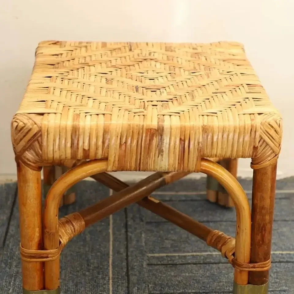 Rattan woven small stool four-square strong farm shoe changing stool outdoor classical Pure hand garden balcony patio furniture