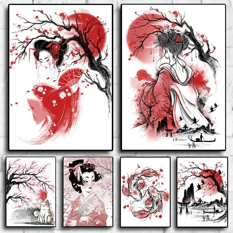 Современный стиль, японская мечта, красивая леди, пейзаж, акварельные произведения искусства, высококачественный холст