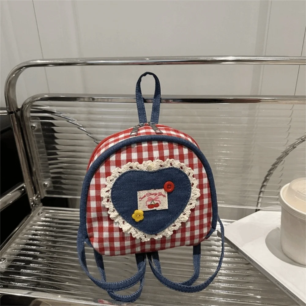 ヴィンテージ布格子バックパックミニボウデニムショルダーバッグハートチェック柄ナップザックアウトドア