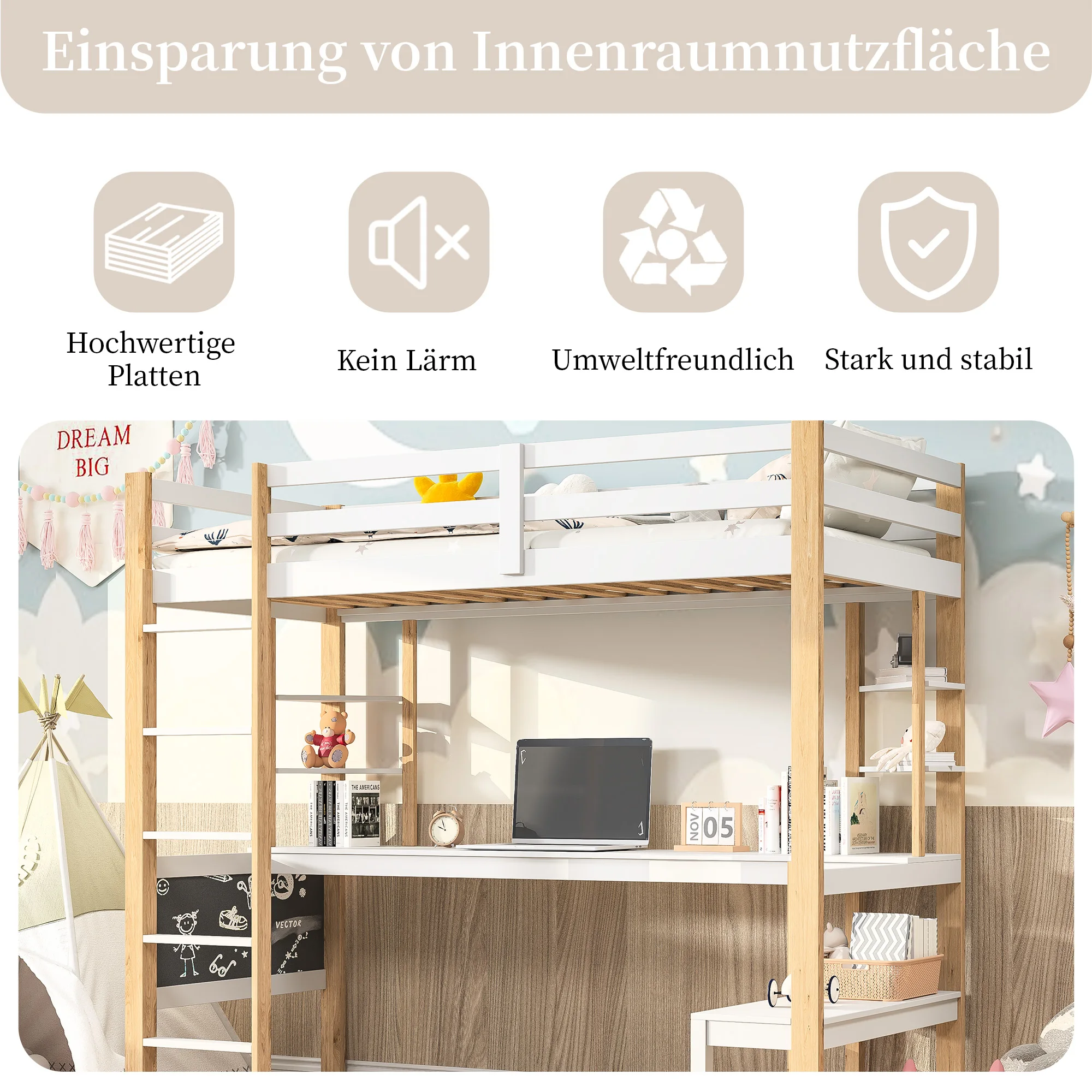 90x200 cm Kinderbett Hochbett mit Schreibtisch, Tafel und Regalen mit Lattenrost und Fallschutz-Einzelbett