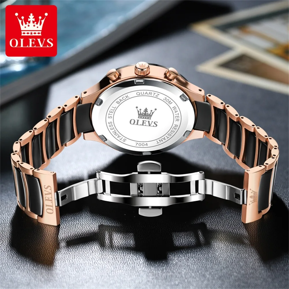 OLEVS Relógio Quartzo Impermeável Masculino, Alta Qualidade, Pulseira Cerâmica, Elegante Cronógrafo Cavalheiro, Relógio de Pulso Fase da Lua, 7004