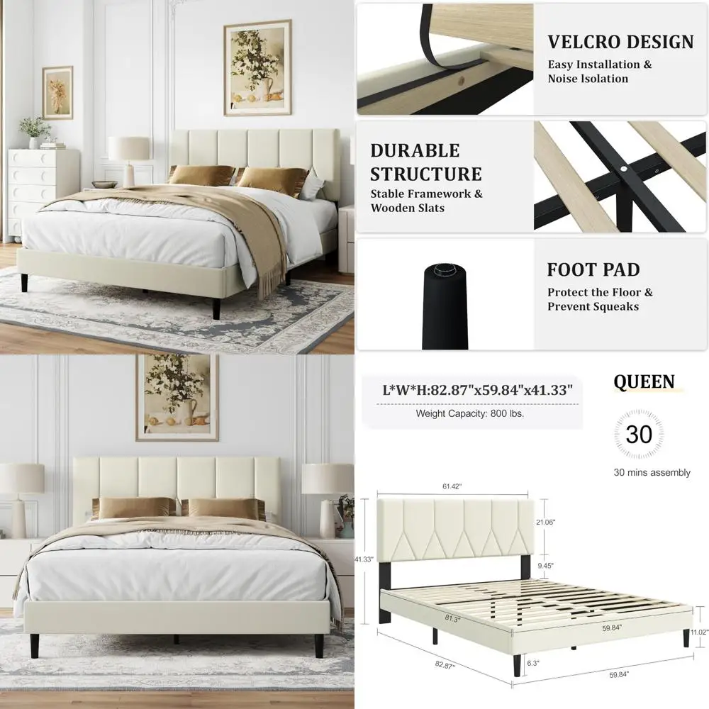 Queen Size Bed Frame, Platform Bed Frame with Velvet Upholstered Headboard, Queen Upholstered Mattress Foundation with Strong Wo