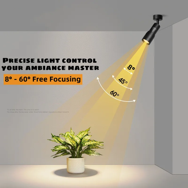

Adjustable LED spotlight with 8° - 60° zoom for small-angle ceiling-mounted commercial restaurant, bar, coffee shop atmosphere