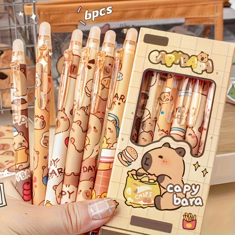 6 Cute Capybara Erasable Pens 0.5mm Fine Tip, Quick-Dry Ink, Retractable Rollerball w/ Eraser, Yellow-Brown, Office & School