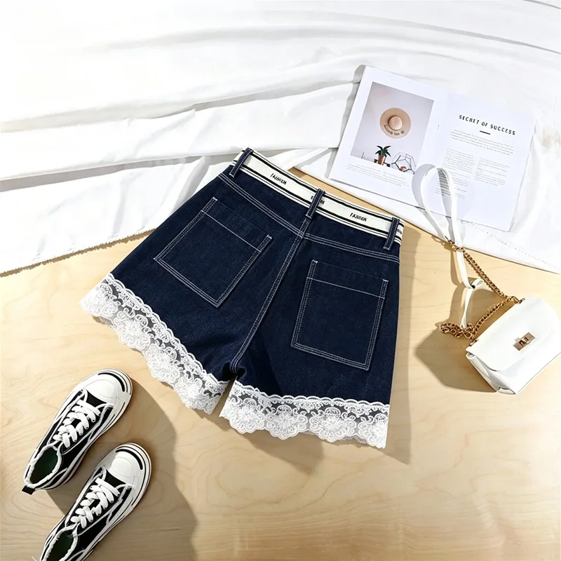 Summer New Women Spliced Lace Stretch Slim Fit Denim Shorts Elastic Waist Short Jeans view 4