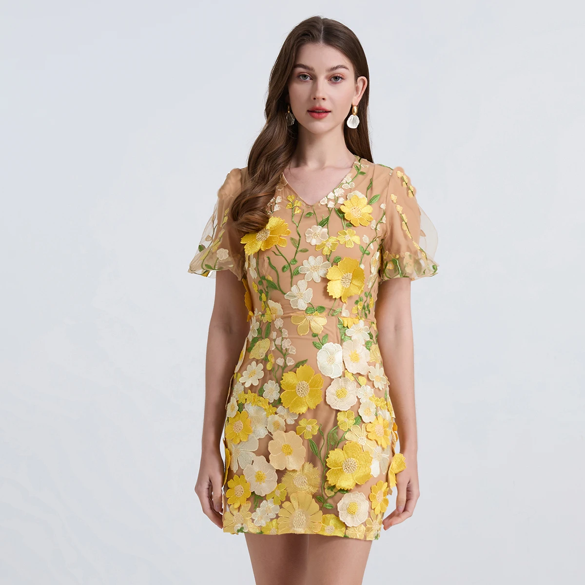 

Summer Women V-neck Mesh Embroidery Flower Mini Short Slim Bodycon Evening Party Dresses