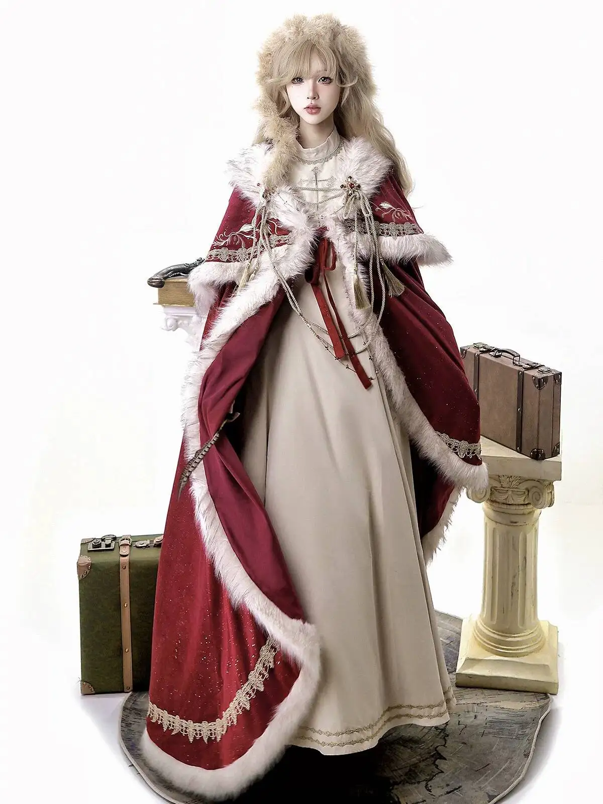 Royal Crown Christmas New Year Plush Lolita Dress Cloak Set Autumn Winter Cosplay view 2
