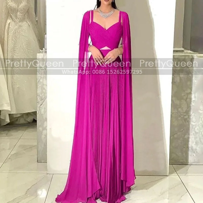 Customized Cloak Mother of the Bride Dresses Long Spaghetti Straps Pleat A Line Hot Pink Chiffon Reception Dress Party For Women