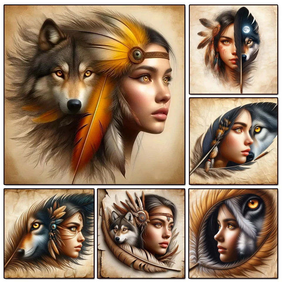 

5D DIY New 2025 Diamond Painting Kit Woman and Wolf Portrait Mosaic Cross Stitch Full Square/Round Diamond Embroidery Wall Decor