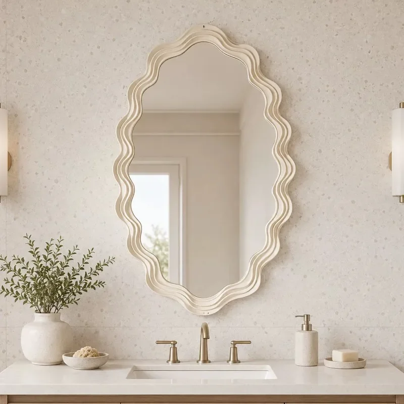 European Style Mirror Wavy Nordic Led Wall Round Aesthetic Mirror Bathroom Vanity Large Espejos Decorativos Decoration Home