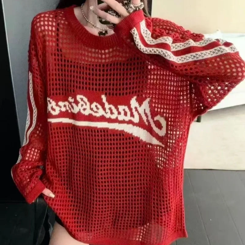

Y2k Streetwear Retro Knitwear Knit Pullovers Letter Hollow Out Loose Lazy Lightweight Sweaters Sun Protection Cover-up Top Trend