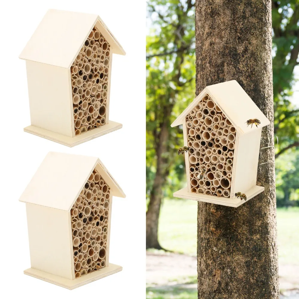 2 Pcs Wonderful Gift Wood Wooden Bee House Reed Non-Toxic Insect House Wall Mountable Durable Bee Hotel Garden Decoration