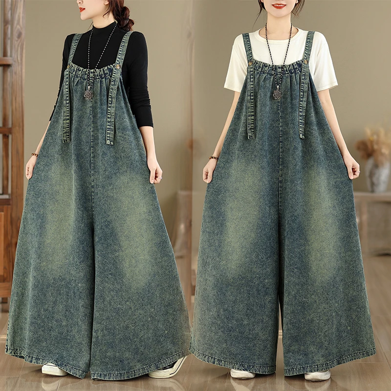 

Extended Length One-Piece Pants Spring Summer Autumn Denim Wide Leg Loose plus Size Faded Jeans Overalls Ci Commute Cotton ...