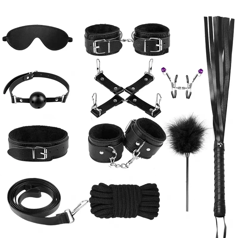 10 Pcs/set Leather Sex Toy BDSM Kits Plush Bondage Handcuffs Sex Games Whip Gag Nipple Clamp Sexy for Couples Exotic Accessories