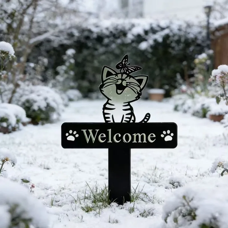 Welcome Metal Silhouette Garden Stake, Lawn Plug Sign for Courtyard Patio Outdoor Landscape Ornament