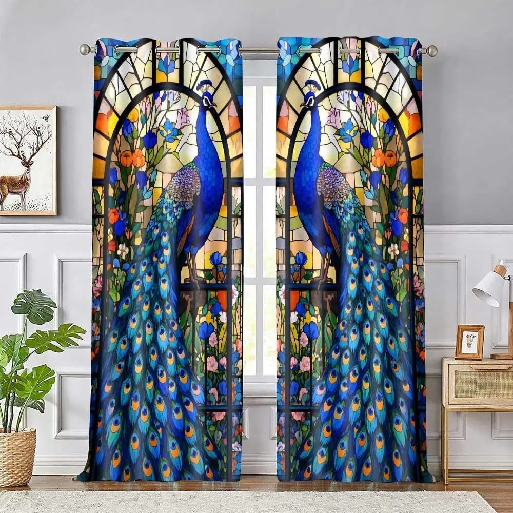 Peacock Stained Glass Curtains Colorful Bird Flower Print for Living Room Window Decor