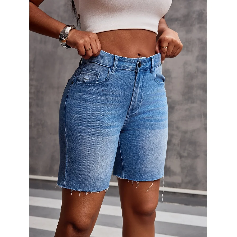 Pantalones cortos vaqueros de verano para mujer, pantalones cortos vaqueros con bolsillos de color sólido y cintura alta