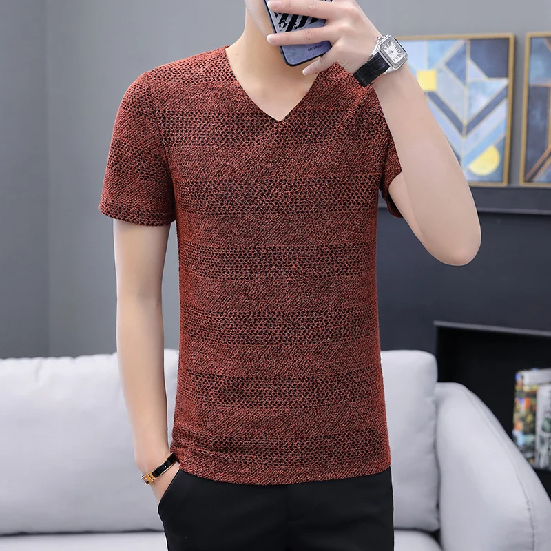 Summer New Homme Hollow T-shirts Fashion V-neck Iron-free Tee Shirts Men Casual Short-sleeved Tops Slim Clothes