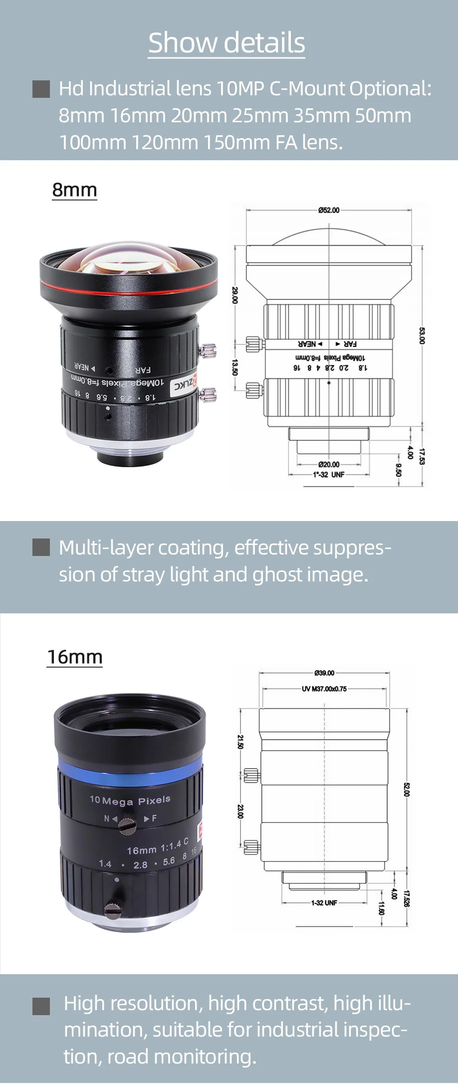 ZLKC 10mp Objektiv ff 1,4 große Blende 1 Zoll c-Mount-Kamera objektiv mm 16mm 20mm 25mm 35mm 50mm Bild verarbeitung objektiv – Detail 4
