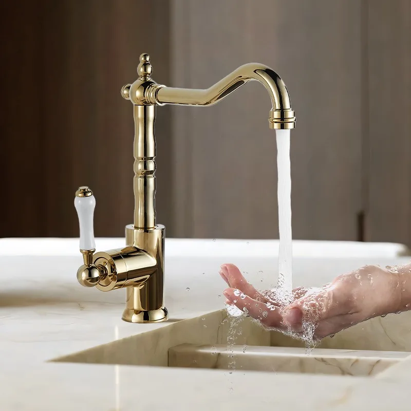 Brass Kitchen Faucet+Spray Gun Set Ceramic Handle Deck Mount Bathroom Creative Cold and Hot Water 360 Rotate Mixer Faucet
