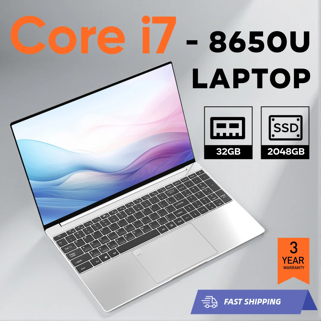 2026 New Ultra Slim Laptop Intel Core i7 8650U 15.6" 32GB RAM 2TB SSD Gaming PC Office Study Computer PC Windows 11 Pro