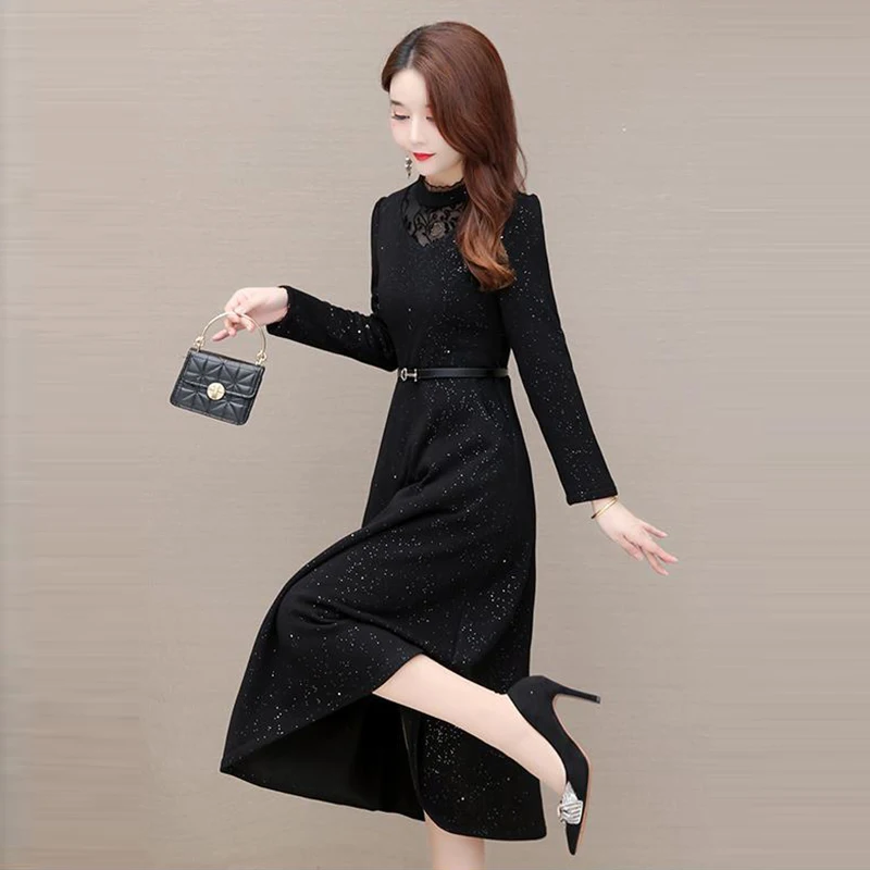 Lace Patchwork Vintage Dress 2024 Spring Fall Long Sleeve Sequin Party Dress Oversized Casual Knee-Length Vestidos With Belt