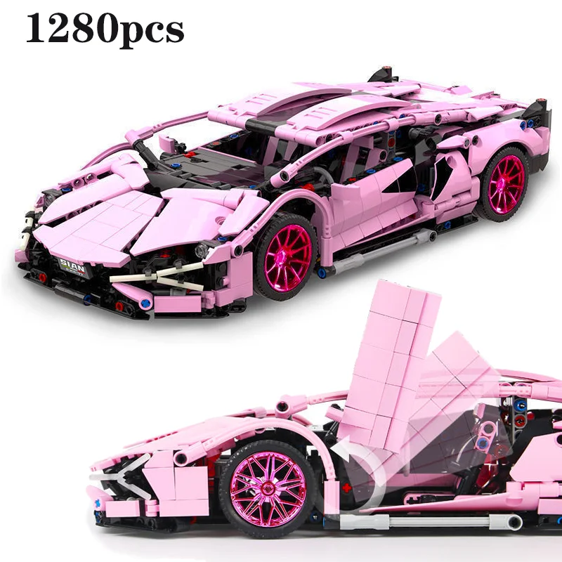 1280 pz tecnico 1:14 rosa Sian Racing Sports Car Building Blocks assemblare mattoni veicolo giocattoli regalo per ragazzo bambini
