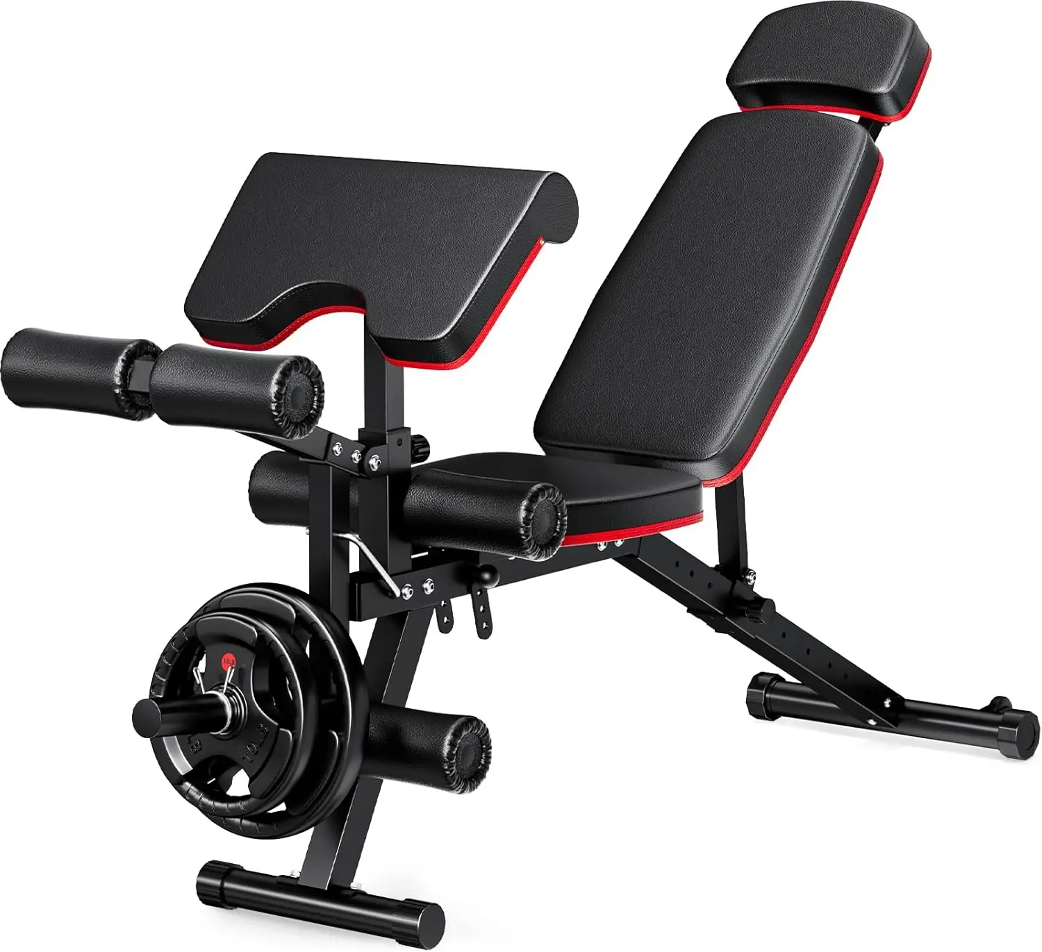 Workout Bench for Home Gym with Extended Headrest, Leg Extension and Preacher Curl Pad, Incline Decline Fla