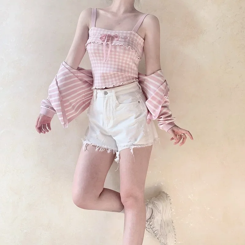 Cute Crop Top Women Summer Lace-up Plaid Tops for Sweet Girl Kawaii Clothes