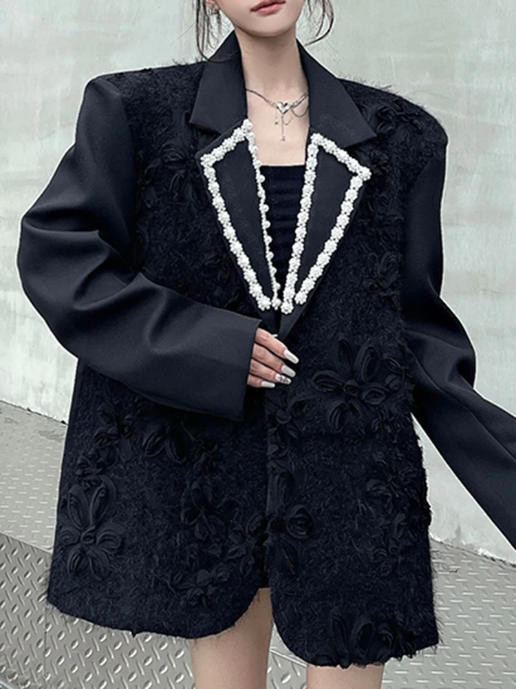 YERMORA Black Jacquard Weave Olivet Casual Blazer For Women Lapel Long Sleeve Loose New Jacket Fashion Tide Spring Autumn 2025