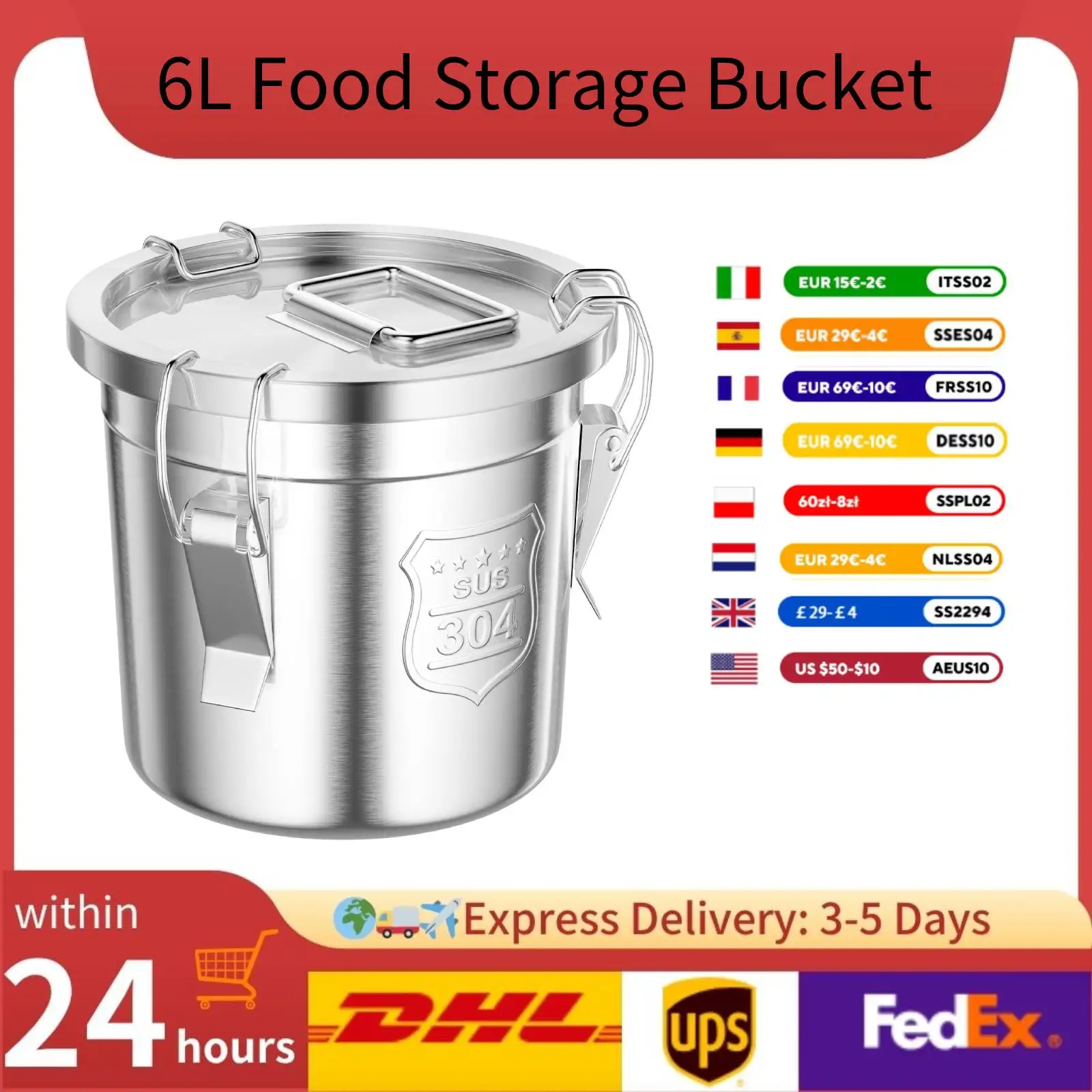 

6L Stainless Steel Storage Bucket Cereal Container Kitchen Rice Oil Storage Airtight Canister with Seal Lid