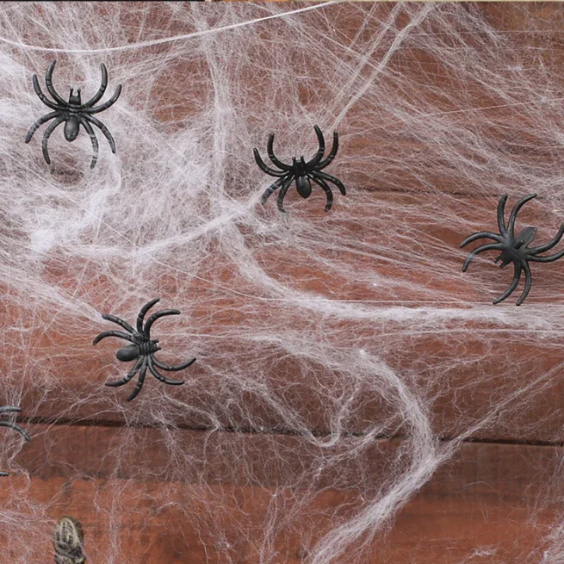 Künstliches Spinnennetz Halloween-Deko Buntes Baumwoll-Stretch-Spinnennetz mit Fake-Spinnen Gruselige Party-Dekoration Horrorhaus-Requisiten – Detail 16