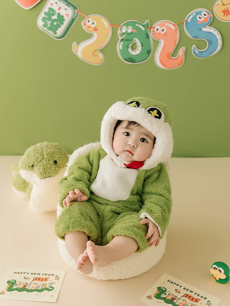 Lovely Green Snake Theme Furry Jumpsuit+Snake Hat 3-4 Month Baby Photography Costume Set Snake Dolls Studio Photo Shoot Props