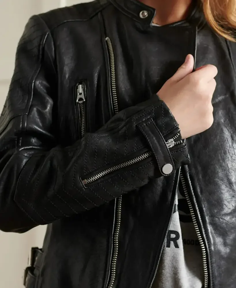 Veste classique en cuir véritable pour femme, faite à la main