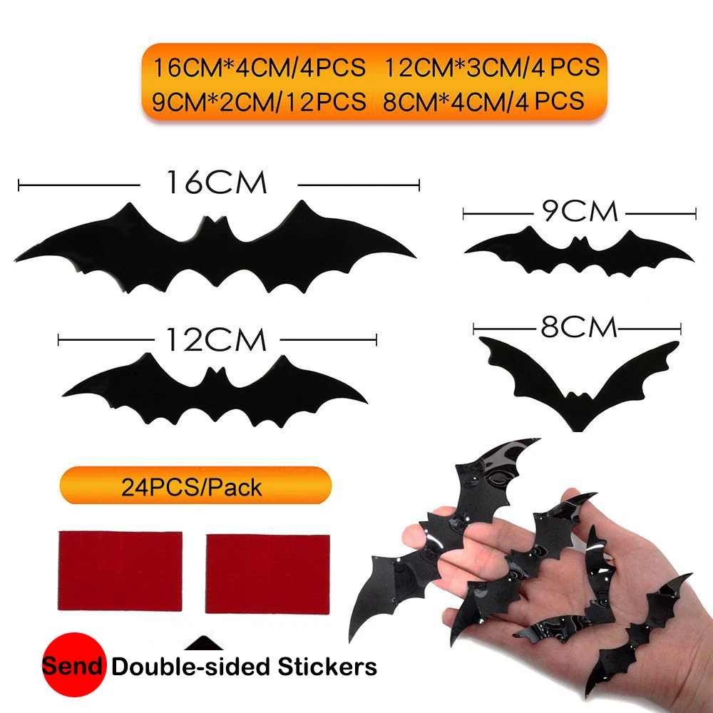 24pcs/pack Bat Wall Sticker Black 3D Halloween Party DIY Decorative Wall Sticker Bar Halloween Horror Thriller Decorative Props