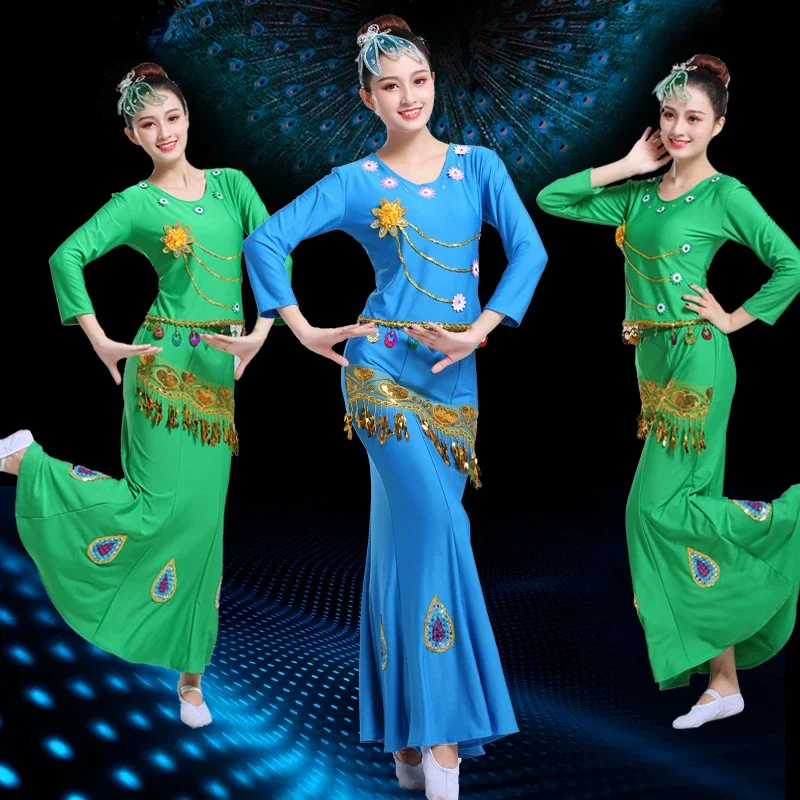 Dai Dance Costume manica lunga tradizionale minoranza pavone danza femminile nazionale coda di pesce avvolgere Hip minoranza vestito da ballo costumi