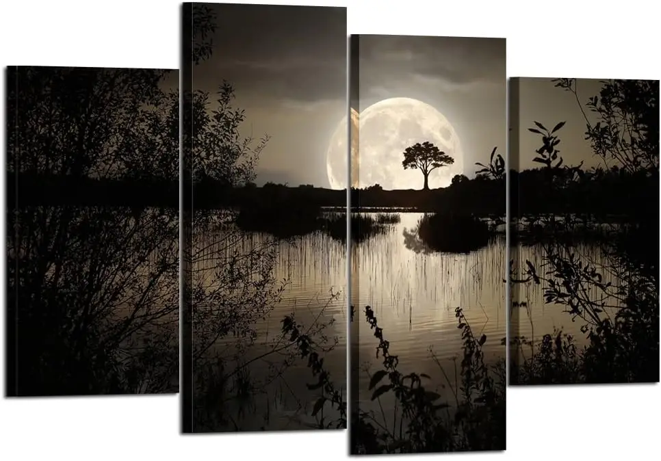 

4-Piece Canvas Wall Art: Moon Over Lake Forest Landscape Painting, Modern Home Decor