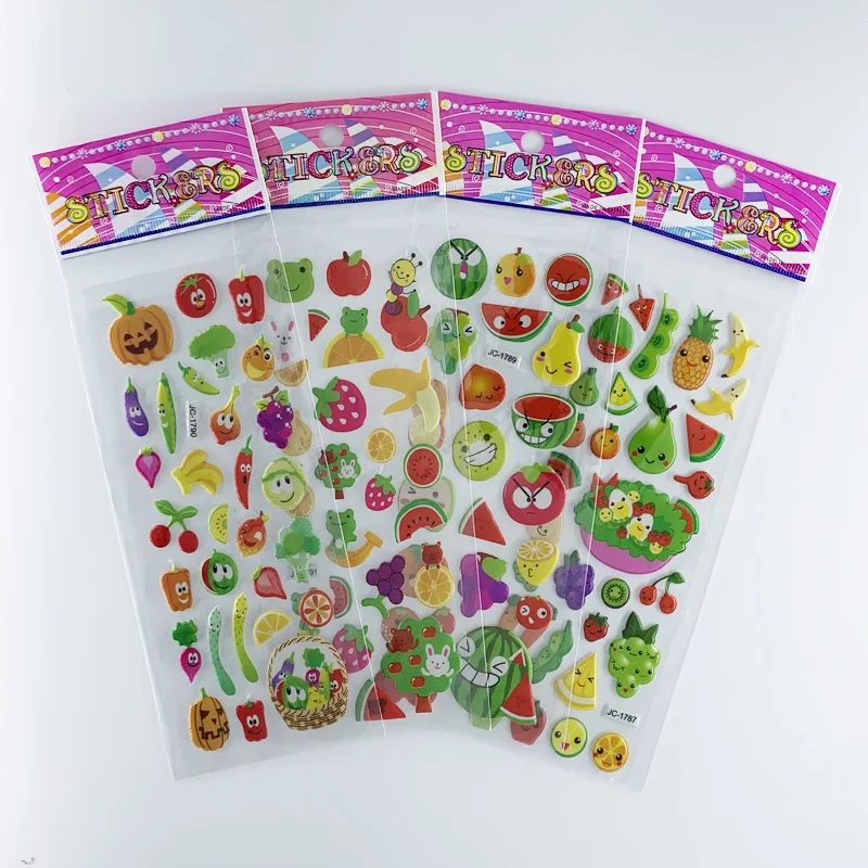 Juego de pegatinas de dibujos animados para niños, pegatinas de frutas y verduras para álbum de recortes DIY, juguetes cognitivos para niños y niñas de jardín de infantes, 8 hojas por juego