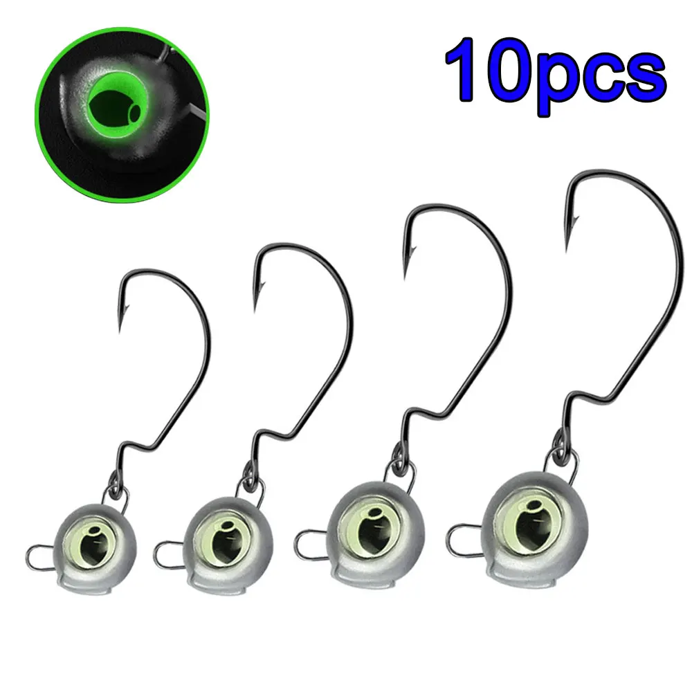 

10pcs Fishing Jig Hooks Luminous Fish Eyes Jigs Head Wide Gap Hook For Bass Perch Root Fishing Jigging Offset Fishhook For Lure