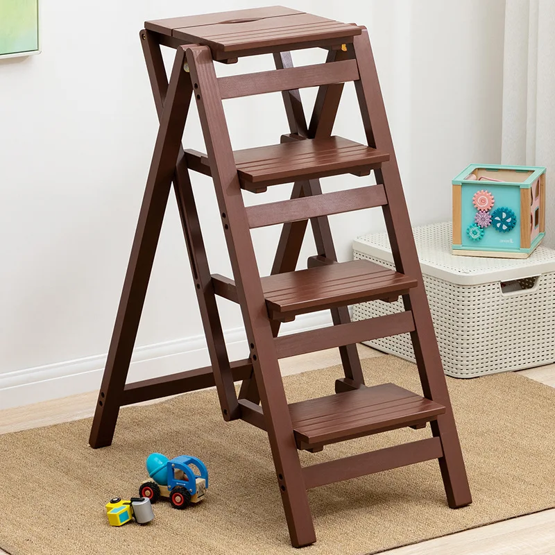Solid Wood Folding Step Ladder Indoor Stool Multifunctional Dual Use Chair Ladder for Home Multifunction Ladder Household