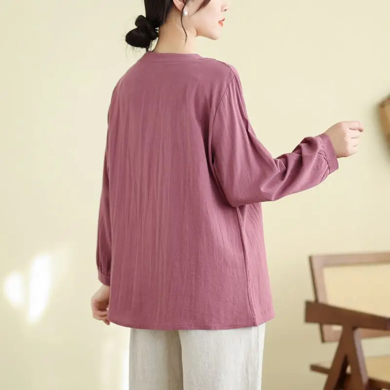 Women Spring Elegant Temperament Loose Embroidered Cotton and Linen O-neck Long Sleeve Shirts Ladies Casual All-match Trend Tops