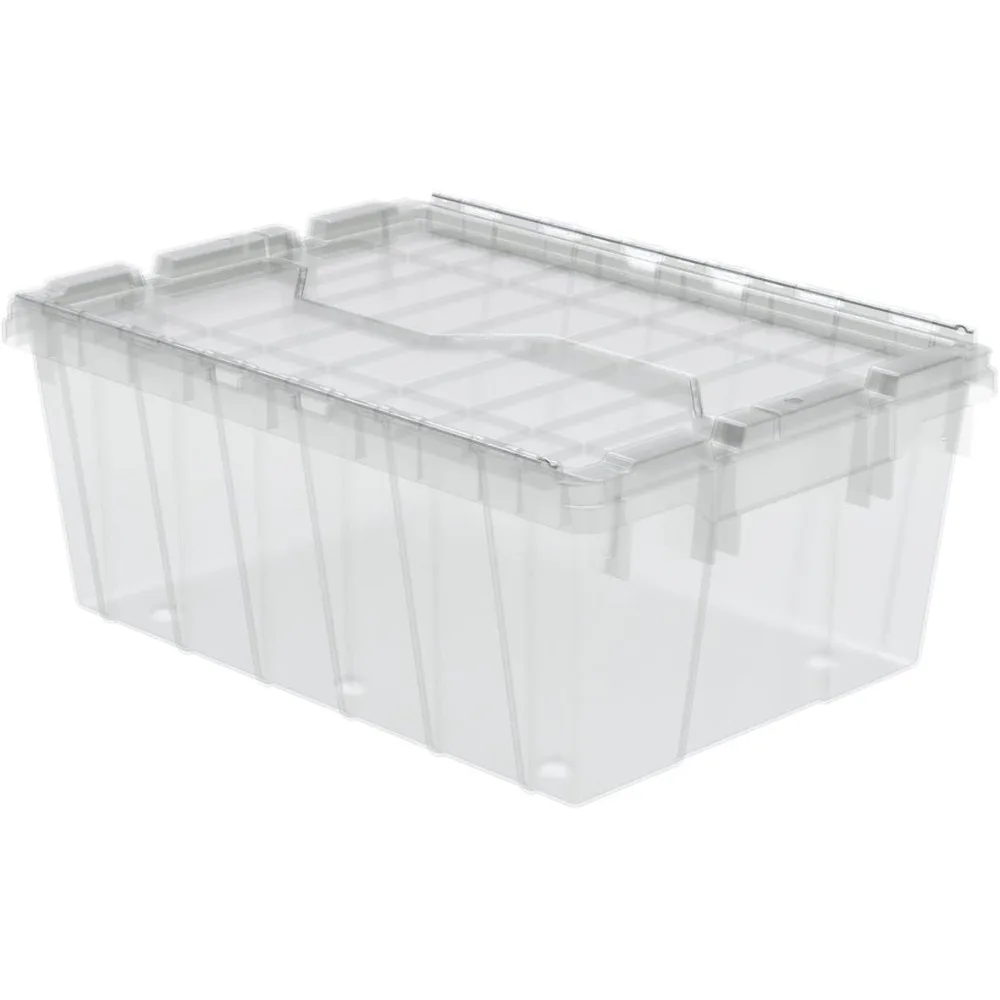 

Plastic Storage and Distribution Container Tote with Hinged Lid (6 Pack), 21.5" L x 15" W x 9" H, Clear