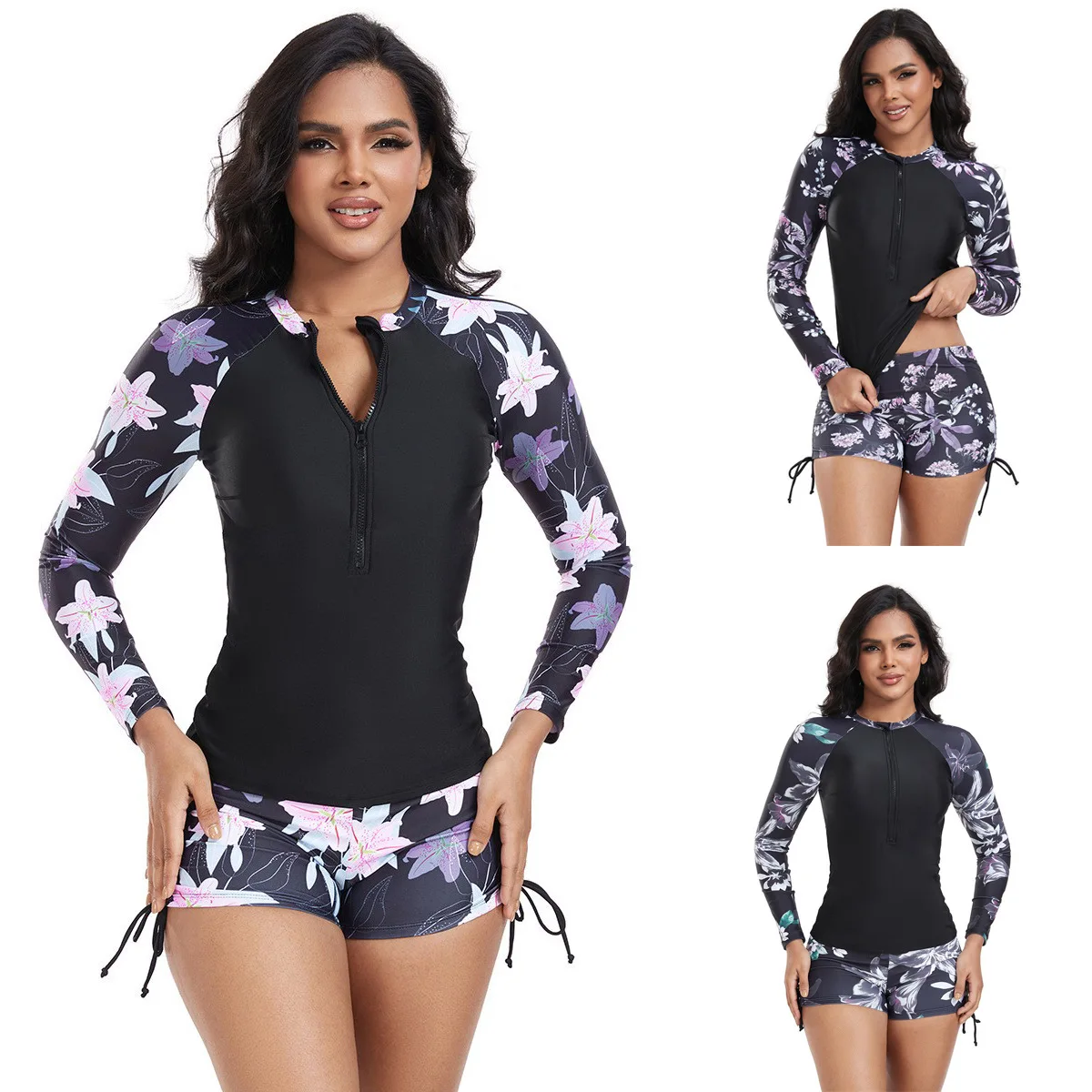 2025 Summer New Long Sleeve Swimwear Zipper 2 Pcs Bikinis Print Surfing Separate Swimsuit Swimming Suits High Neck Bathing Suit