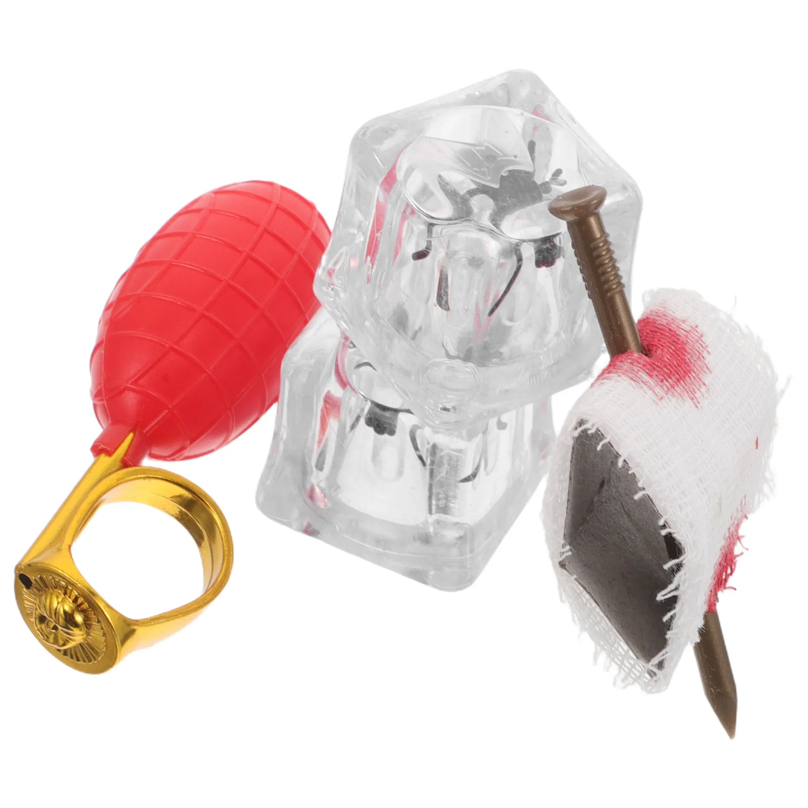 

4Pcs Prank Set Halloween Party Props Water Spray Rings Fake Nail Through Finger Trick Realistic Cubes April Fools Day