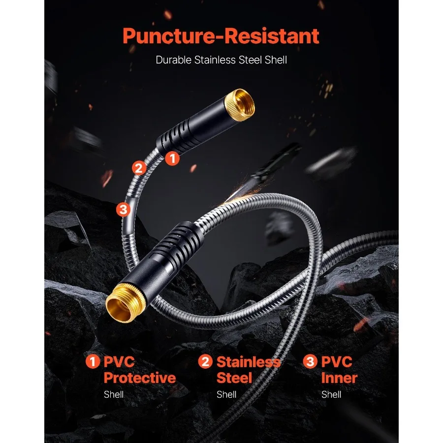 خرطوم حديقة معدني بطول 25 قدمًا، خرطوم مياه من الفولاذ المقاوم للصدأ مقاوم للصدأ، خرطوم فناء خلفي عالي التحمل مع فوهة 10 وظيفة NoKink ible Wat